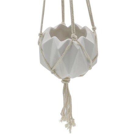 Flora Bunda Flora Bunda EM1882E-MTWH 5 x 5 in. Ceramic Macrame Hanging Planter; Matte White EM1882E-MTWH